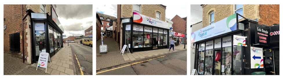 A collage of exterior Shop Local signage along a black trim storefront, including an a-frame sign, window, and door graphics.